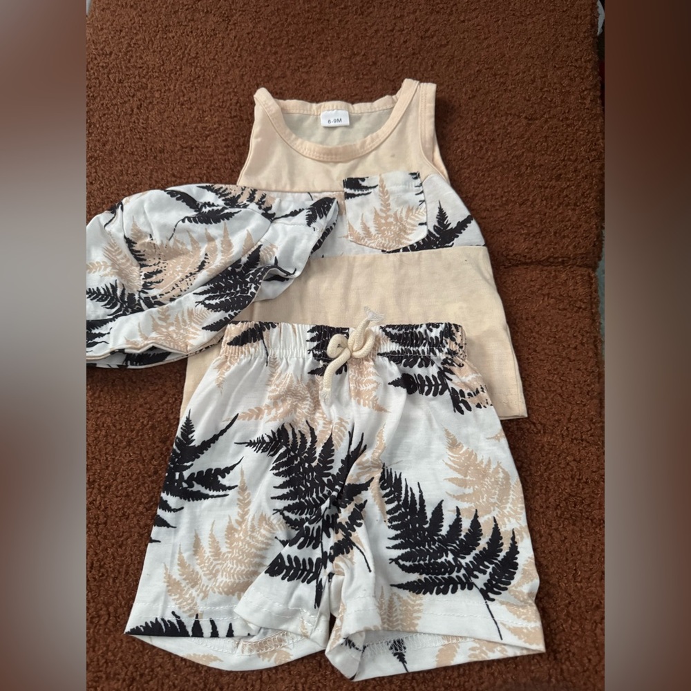 Beige and Black Fern Print Tank and Shorts Set